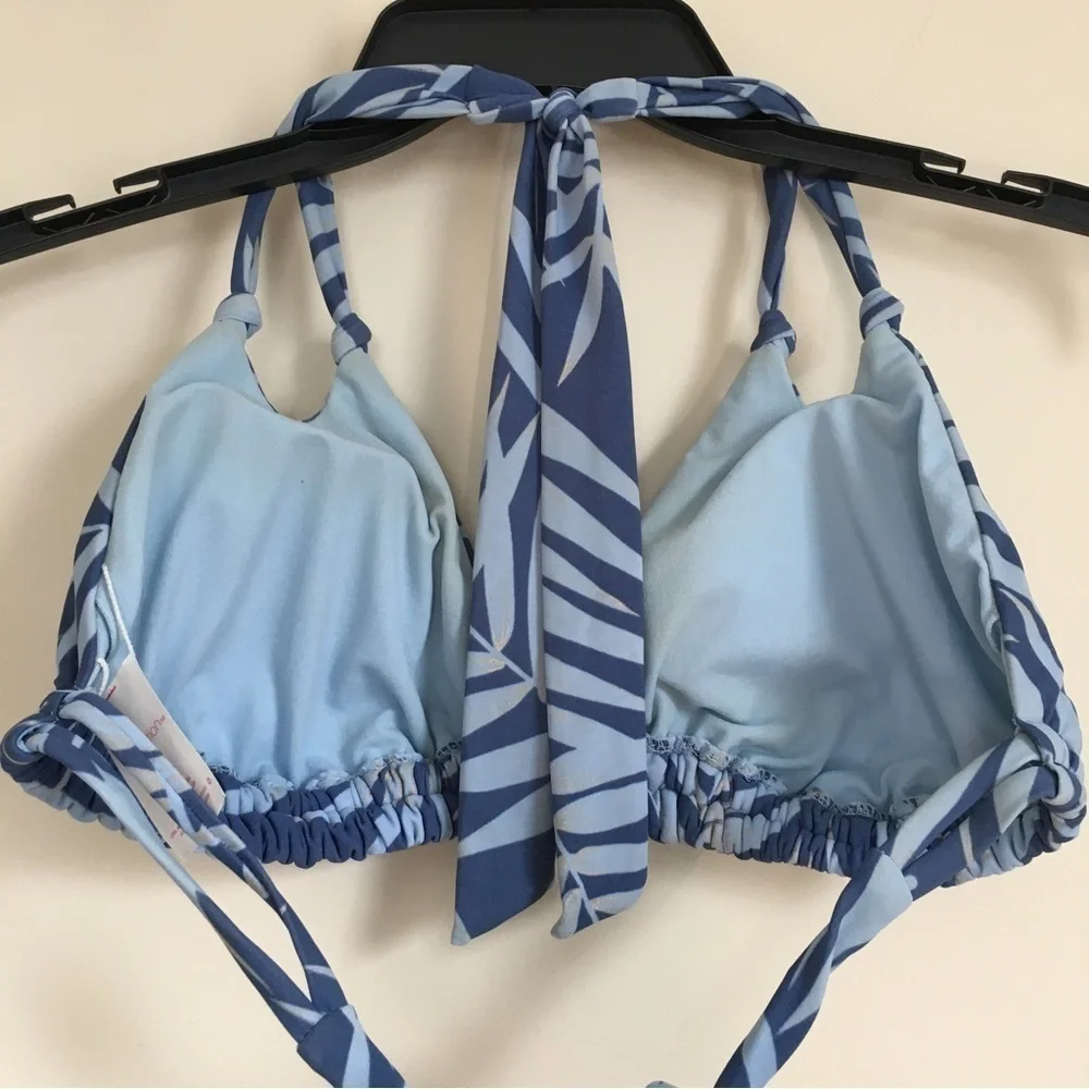 Xhiliration Blue Palm print Adjustable Straps Swimsuit Bikini Top